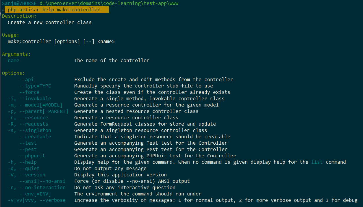 artisan help command Screenshot 2024-05-05 114929